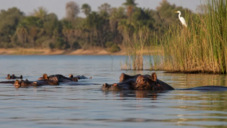 Hippos In River Light