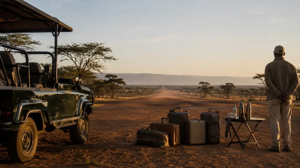 Light aircraft landing on a safari airstrip in Kenya