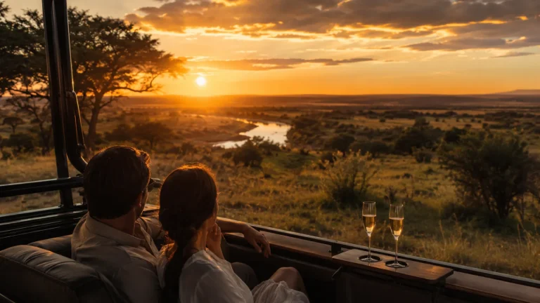 Couple travelling in a private safari vehicle
