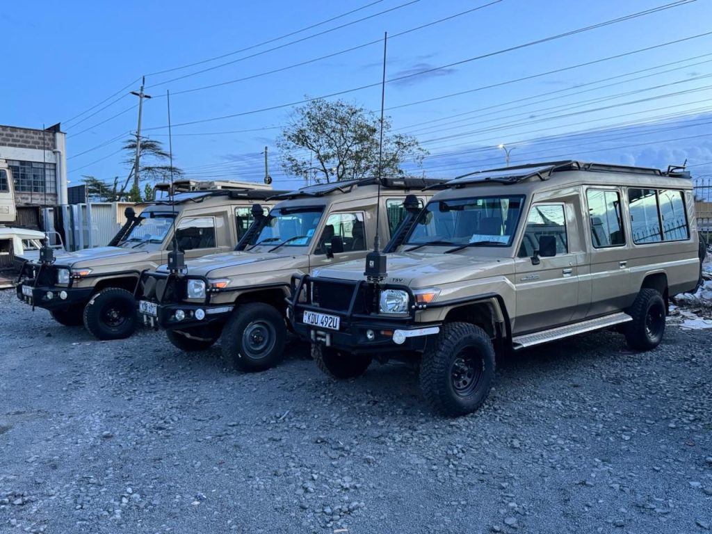 Three safari Land Cruisers ready for ground transport
